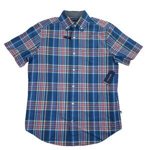 Nautica Mens Classic Fit Plaid Poplin Short Sleeve Button Down Shirt Blue XS